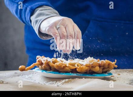 Funnel cake fries! Yes... This is real life. We found these at the Florida  Fire Frogs baseball game! #ballparkfood | Funnel cake fries, Ballpark food, Funnel  cake