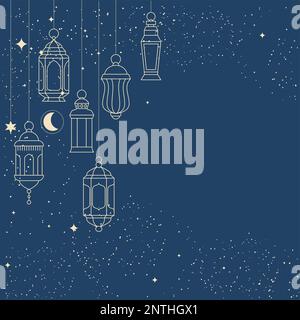 Hanging lanterns over night sky, arabic lamp lights, Ramadan Kareem garland, vector Stock Vector