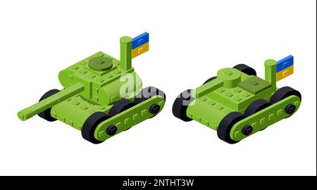 Set of military equipment tank and armored personnel carrier with the flag of Ukraine in isometry. Vector clipart Stock Vector