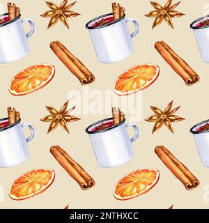 Watercolour seamless pattern with a glass of mulled wine and ingredients, hand drawn sketch, illustration of drink on white background. Print for fabr Stock Photo