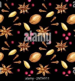Watercolour seamless pattern with ingridients for mulled wine, hand drawn sketch, illustration of drink on black background. Print for fabric, paper, Stock Photo