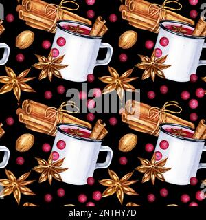 Watercolour seamless pattern with white mud and ingridients for mulled wine, hand drawn sketch, illustration of drink on black background. Print for f Stock Photo