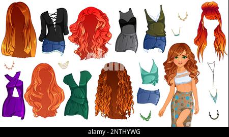 Fiery Redhead Hairstyle Paper Doll. Vector Illustration Stock Vector