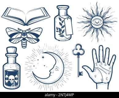 Witchcraft stuff, alchemy and fortune-telling, witch poison, spell book, moth and  crescent, vector Stock Vector
