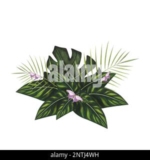 Composition tropic variegated leaves Monstera and palm with butterfly watercolor isolated on white background. Watercolor hand drawn botanical llustra Stock Photo