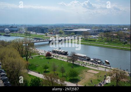 Aerial view of the Boulevards on the Vistula River captured from the Wawel castle, Krakow ,Poland Stock Photo