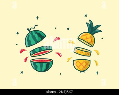 Illustration of fresh watermelon and pineapple split and squirt vector Illustration. Stock Vector
