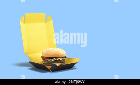 colored open box for burger mokup for food presentation 3d render on blue background Stock Photo