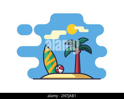 Illustration of beach and the tropical island with palm tree and surfing board vector illustration isolated on a white background. Stock Vector