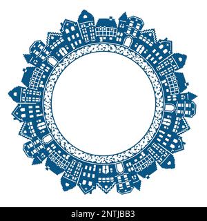 Vector drawing - a round plate with a pattern in the form of city houses. Stock Vector