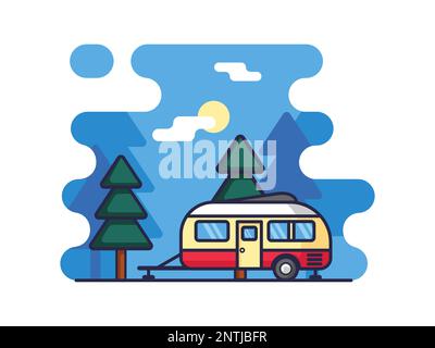 Illustration of Caravan, Camper, summer travel. Isolated Icon on a white background. Stock Vector