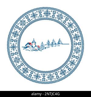 Vector drawing - a round plate with a winter geometric pattern. Stock Vector
