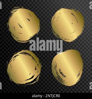 Set of gold paint, ink brush strokes, brushes, lines. Dirty artistic design elements, boxes, frames for text. Stock Vector