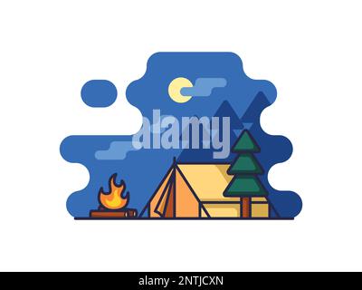 Illustration of Camping, Tent, and Bonfire, Travel Camp. Vector isolated on white background Stock Vector