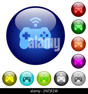 Wireless game controller solid icons on round glass buttons in multiple colors. Arranged layer structure Stock Vector