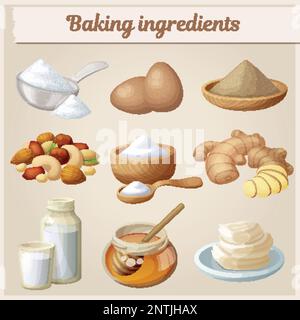 Baking ingredients cartoon vector icons set. Collection of cooking illustrations eggs, nuts, yeast, sugar, milk, powder, honey, Stock Vector