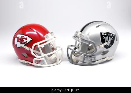 Las Vegas Raiders and Green Bay Packers helmets, Tuesday, March 22, 2022.  (Kirby Lee via AP Stock Photo - Alamy