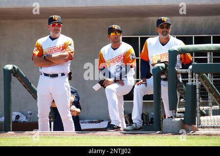 Catcher Tyler Soderstrom (21) of the Las Vegas Aviators in the dugout  during the game against the Oklahoma City Dodgers on June 21, 2023 at  Chickasaw Bricktown Ballpark in Oklahoma City, Oklahoma. (