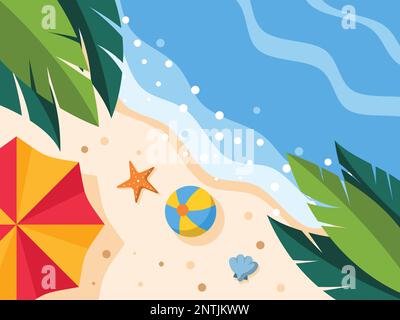 Illustration of Summer Beach vacation Top View with Umbrella, beach ball, and starfish Flat Vector Illustration Background. Stock Vector