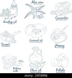 Facial mask ingredients for home face skin care. Cartoon vector food black and white icons. Hand drawn linear natural cosmetic illustration Stock Vector