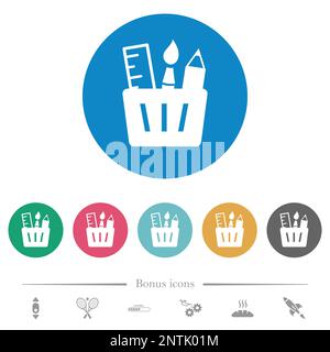 Drawing tools solid flat white icons on round color backgrounds. 6 bonus icons included. Stock Vector
