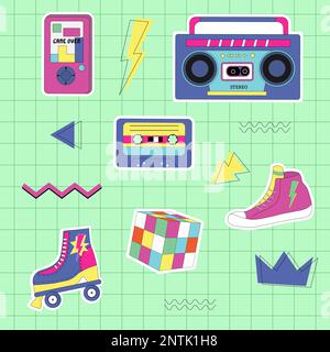 Set of retro 90s stickers. Tape recorder, cassettes, sneakers and roller skates.  Stock Vector