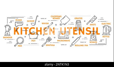 Cook utensil icons and infographics. Cooking accessory and equipment outline vector banner with blender, rolling pin, chopping board, microwave and pan, electric kettle, scales, mixer line pictograms Stock Vector