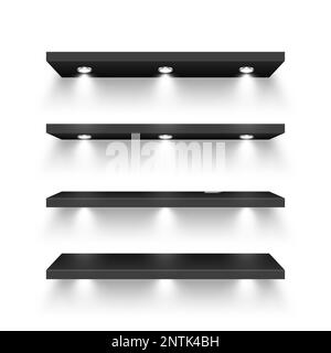 Realistic black store shelves with lighting, spotlights. Empty product shelf, grocery wall rack. Mall and supermarket furniture, bookshelf. Modern Stock Vector