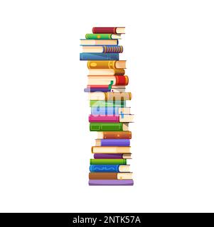 Stack of books of various colors, sizes and titles arranged neatly one on top of the other. Vector educational textbooks, academic encyclopedia or library novels or poems placed together in high tower Stock Vector