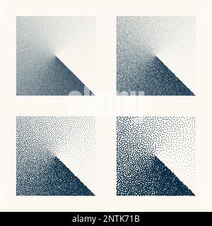 Square shaped dotted objects, vintage stipple elements. Stippling, dotwork drawing shading using dots. Halftone disintegration effect. White noise Stock Vector