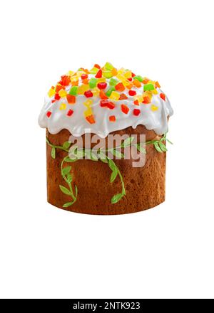 Easter Сake with white sugar icing and decorated with dried candied fruits on white background. Stock Photo