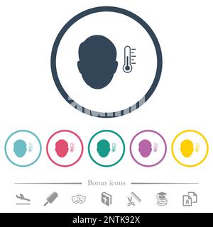 Fever measurement solid flat color icons in round outlines. 6 bonus icons included. Stock Vector