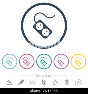 Portable electrical outlet with two sockets and cord solid flat color icons in round outlines. 6 bonus icons included. Stock Vector