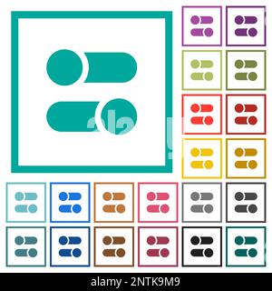 Horizontal toggle switches solid flat color icons with quadrant frames on white background Stock Vector