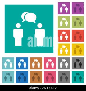 Two talking persons with oval bubbles solid multi colored flat icons on plain square backgrounds. Included white and darker icon variations for hover Stock Vector