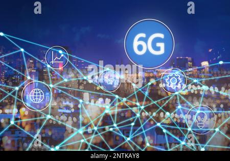 6G network wireless system. Beautiful cityscape and network connection lines Stock Photo