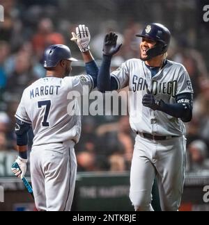 April 08, 2019: San Diego Padres left fielder Wil Myers (4) celebrates a  home run, during a MLB game between the San Diego Padres and the San  Francisco Giants at Oracle Park