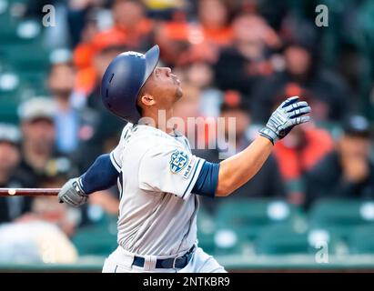 April 08, 2019: San Diego Padres left fielder Wil Myers (4) celebrates a  home run, during a MLB game between the San Diego Padres and the San  Francisco Giants at Oracle Park