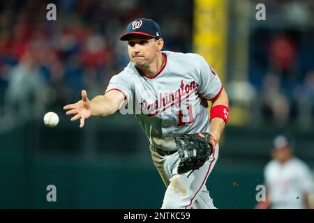 Washington Nationals' Ryan Zimmerman (11) heads for first base with a walk  against the Detroit Tigers