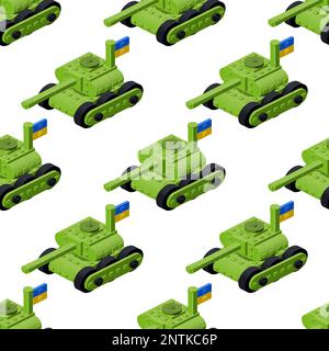 Pattern of green tanks with the flag of Ukraine. Vector clipart Stock Vector