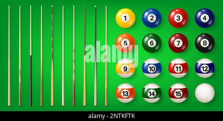 Colorful billiard balls with numbers and various pool cues on green background. Glossy snooker ball. Sports equipment. Vector illustration Stock Vector