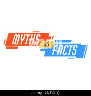 Myths vs facts icon. Truth or false fact checking, myth busting quiz vector badge. True versus lie, fiction and reality evidence comparison isolated symbol with red and blue geometric pattern Stock Vector