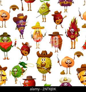 Cartoon cowboy robber, sheriff or ranger fruits seamless pattern, vector background. Funny fruits characters pattern of papaya in Western ranger hat with revolver guns and cowboy grape with lasso Stock Vector