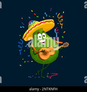 Cartoon mexican mariachi avocado character on holiday party. Cheerful folk musician artist fruit personage in sombrero playing guitar and singing on traditional Cinco de Mayo festival with confetti Stock Vector