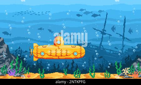 Pixel game submarine, underwater landscape. Vector pixelated background with bathyscaphe, seaweeds, sunken ship and on corals seabed. Ocean bottom with yellow sub boat on retro 8 bit art game location Stock Vector