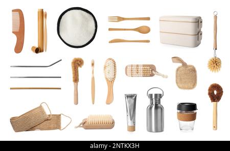 Set with different eco friendly stuff on white background. Conscious consumption Stock Photo