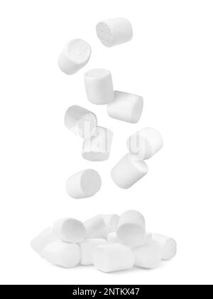 Delicious sweet puffy marshmallows flying on white background Stock ...