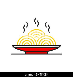 Instant noodles in red bowl or plate, China and Japan cuisine food isolated thin line icon. Vector asian meal, chinese japanese food, restaurant pasta Stock Vector