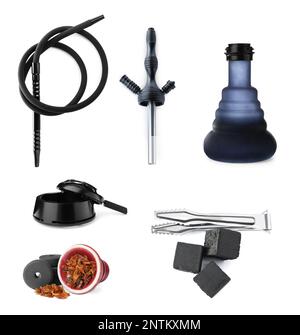 Modern hookah kit on white background, collage Stock Photo