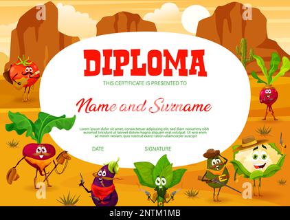 Kids diploma cowboy, sheriff, ranger and bandit cartoon vegetable characters. Vector award frame with tomato, beetroot, eggplant and spinach, radish, avocado, cauliflower school certificate Stock Vector